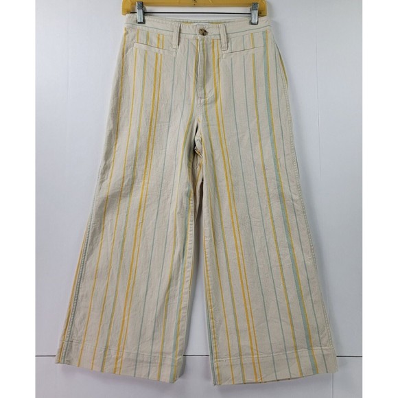 Madewell Pants Womens 26P Emmett Wide-Leg Crop Pants Stripe Ivory Yellow Mint - Picture 1 of 10